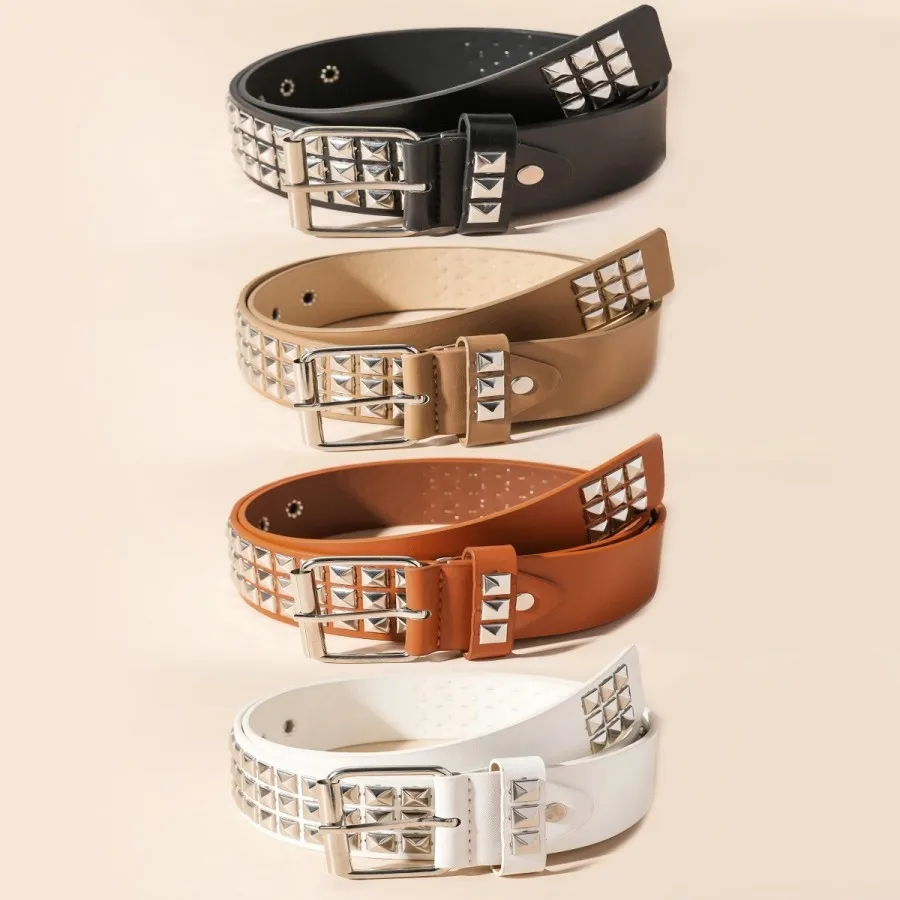New vintage-style belt with square beads and rivets, metal pyramid-shaped belt. Unisex punk-style belt with five-bull design, su