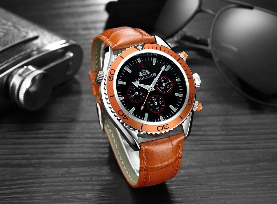 Men Automatic Self Wind Mechanical Orange Blue Black Leather Rubber Stainless Steel Strap Classic Watch