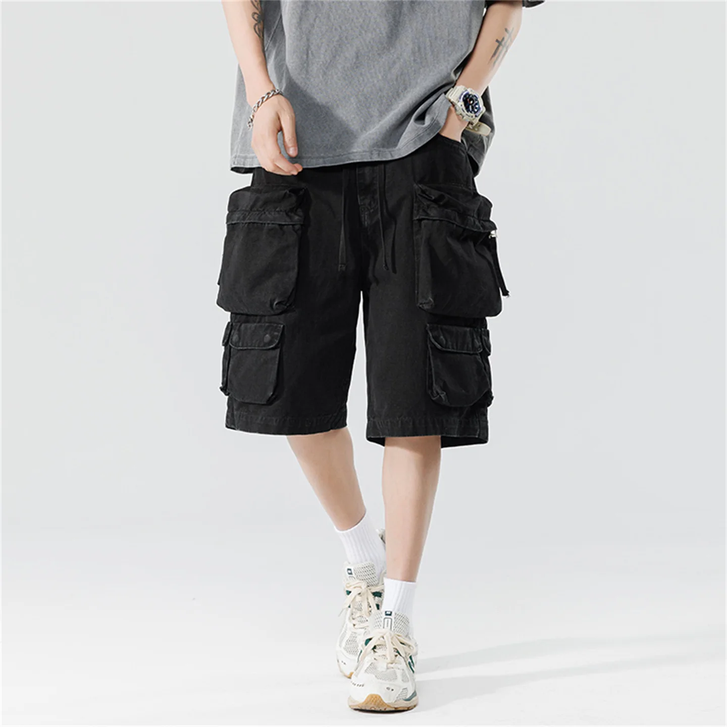 

Модные плотные американские ретро-шорты в рабочем стиле для мужчин, летние повседневные свободные брюки из чистого хлопка с множеством карманов, длиной до колена