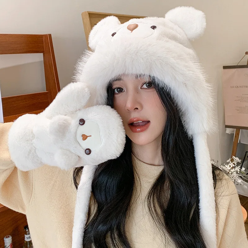 

Plush Bear Ear Hat Russian Outdoor Men Women Autumn Winter Thick Warm Earmuff Hat Cute Cap Cycling Gloves M505