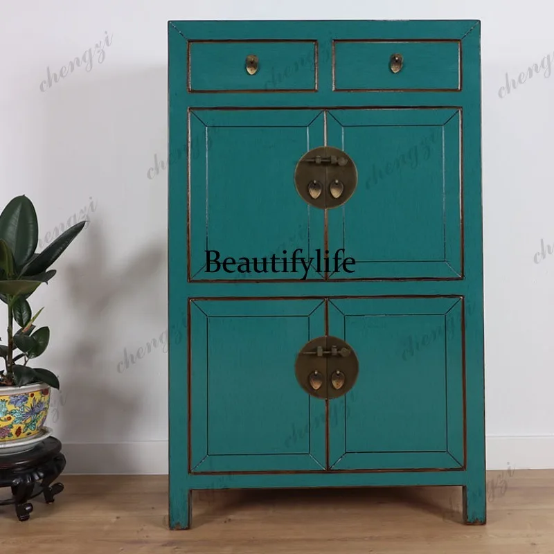 Chinese solid wood shoe cabinet, two drawers, 4 doors, entrance door, living room locker, versatile storage cabinet, new model