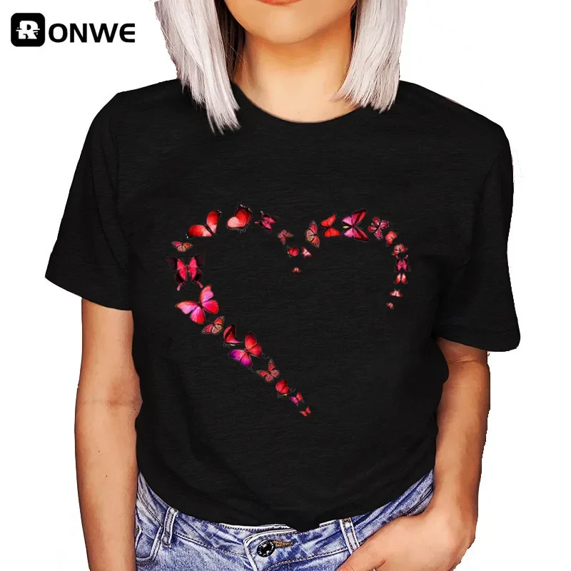 

Women Butterfly Love Heart Fashion Black T-shirt Girl Harajuku White Clothes Female Graphic Top Tee tops