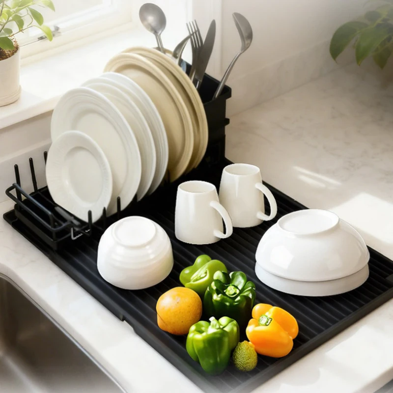 

Многофункциональный кухонный набор для сушки посуды: силиконовый дренажный коврик, металлическая сушилка для тарелок и корзина для сушки палочек для еды
