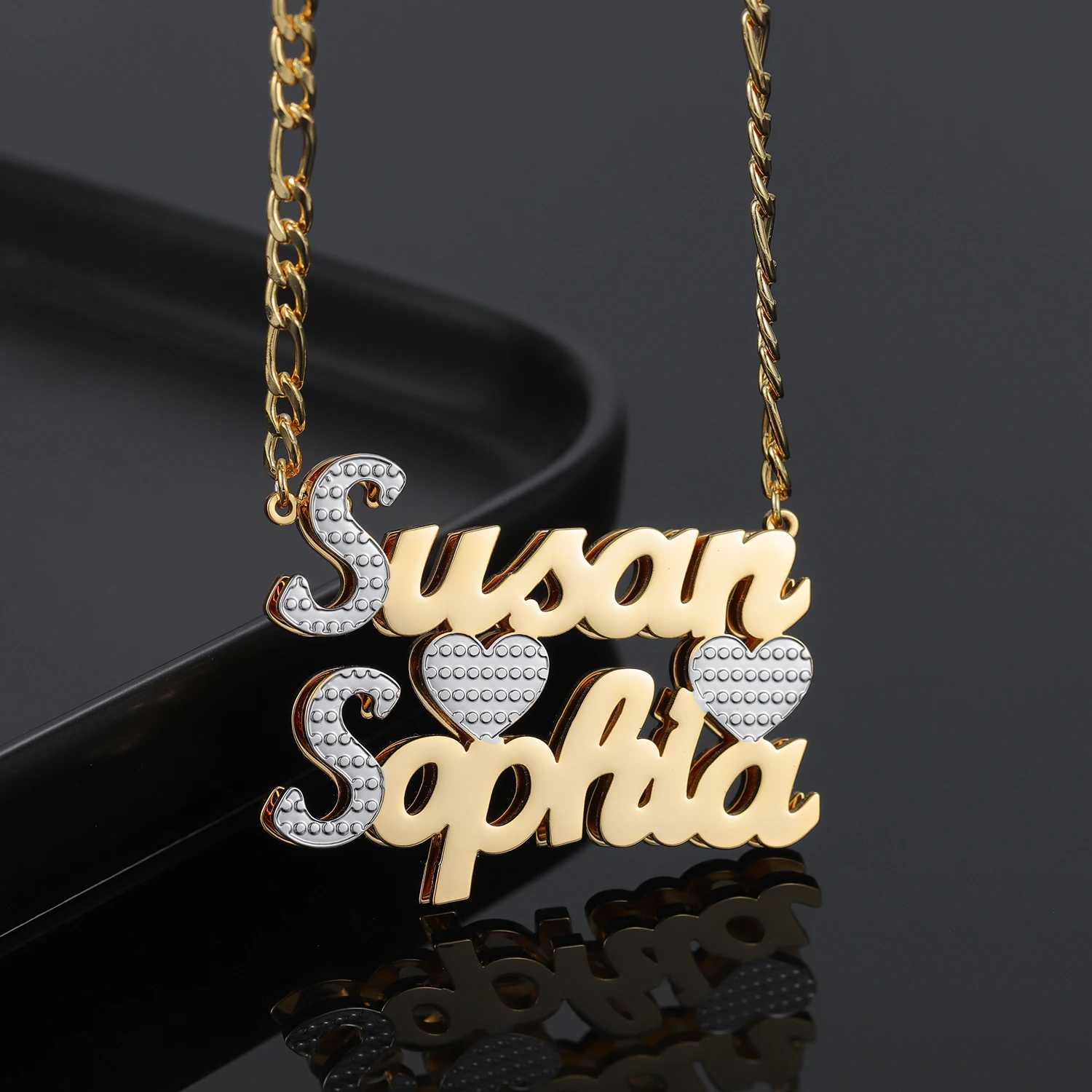 

New Personalized Name Plate Name Necklace Customized 3D 18K Gold Plated Double Diamond Choker Pendant Two-Tone Chain Mother Day