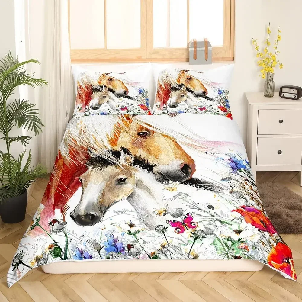 

3D Horse Yellow Sunflower Floral Comfortable Duvet Quilt Cover Pillowcase Bedding Set Children Bedroom Decoration Home Textile