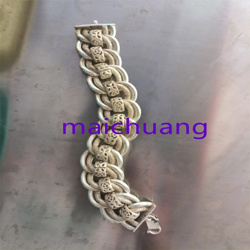 Mai Chuang/ Tibetan Silver Imitate Ancient Widen Hollow Chain Bracelet Men and Women Fashionable Personalized Jewelry Gifts