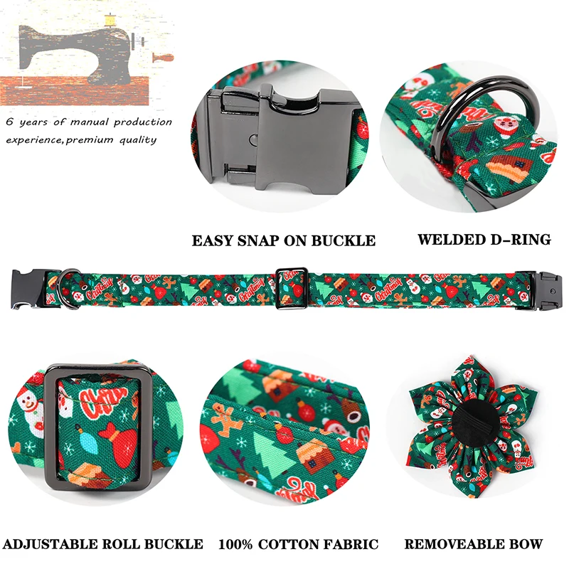 Unique Style Paws Green Christmas Dog Collar,  Santa Christmas Dog Collar with Flower Bowtie for Small Medium Large Dog