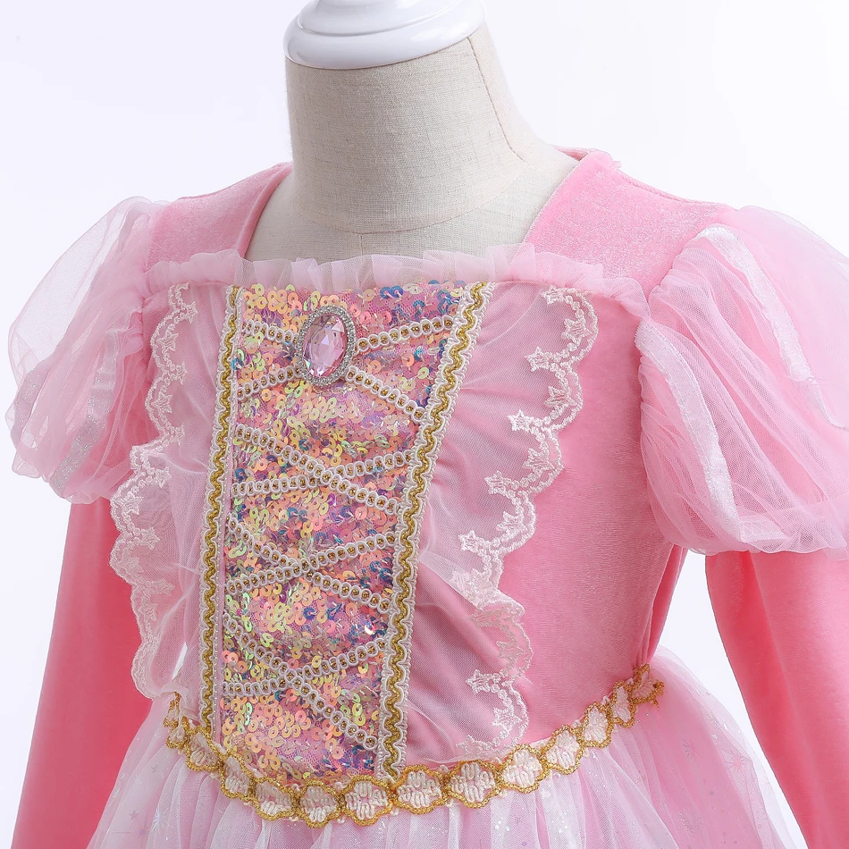Princess Pink Dress For Girl Children Print Mesh Frocks Flower Girl Dresses for Weddings Party Girl Halloween Costume