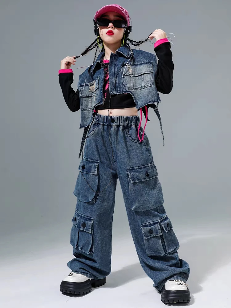 Girls Hip Hop Cool Denim Vest Crop Top Baggy Jeans Jazz Street Dance Cargo Pants Children Clothes Sets Kids Streetwear Costume