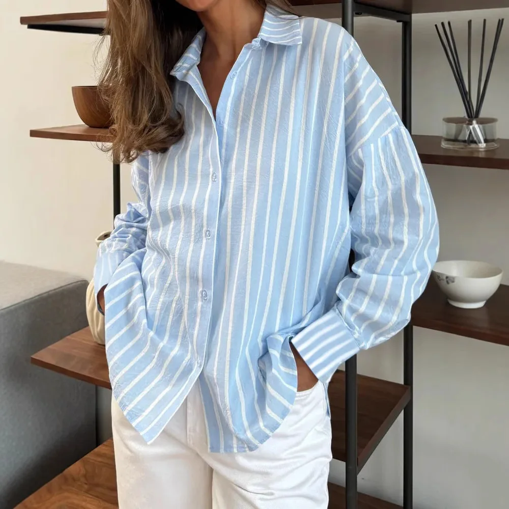 European and American Foreign Trade 2026 Women's Autumn and Winter New Long Sleeved Cardigan Jacket Women's Striped Shirt Women'