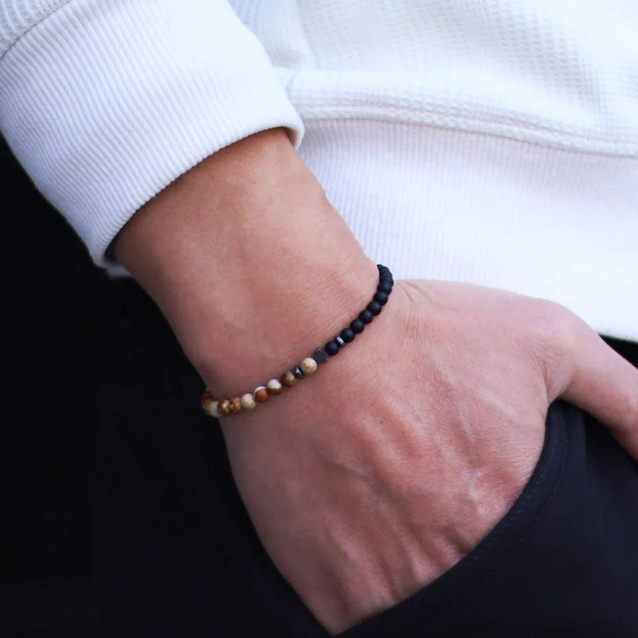 Minimalist 4mm Small Beaded Cross Bracelet Unisex Natural Onyx Howlite Phoenix Lava Stone Beaslet Causal Couple Meditation Joias
