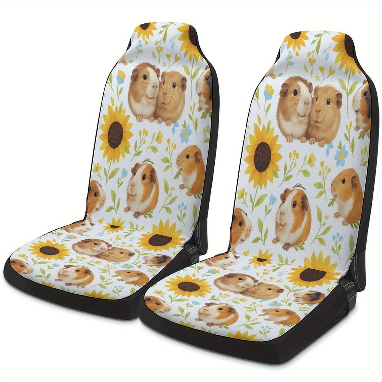 Guinea Pigs And Sunflowers Themed Car Seat Cover Set For Most Cars, Fashionable Novelty Car Seat Protector Covers Full Set, Univ 4