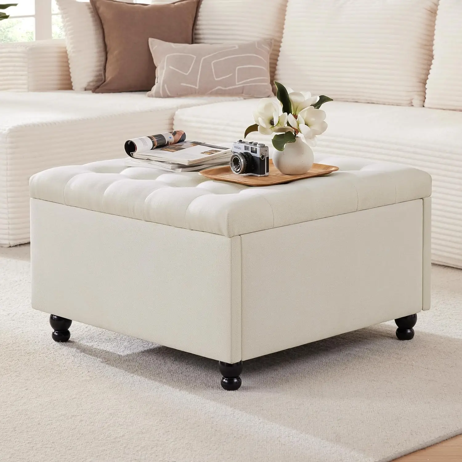 

30" Square Upholstered Storage Ottoman Coffee Table Tufted Living Room Fabric, Customized