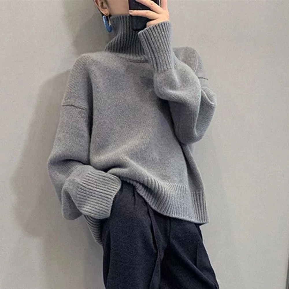 TWOTWINSTYLE Solid Minimalist Sweaters For Women Turtleneck Long Sleeve High Street Pullover Sweater Female Fashion New Clothing