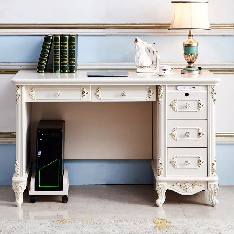 European-style desk, high-end luxury computer desk, home writing table, solid wood French-style white student study table, desk