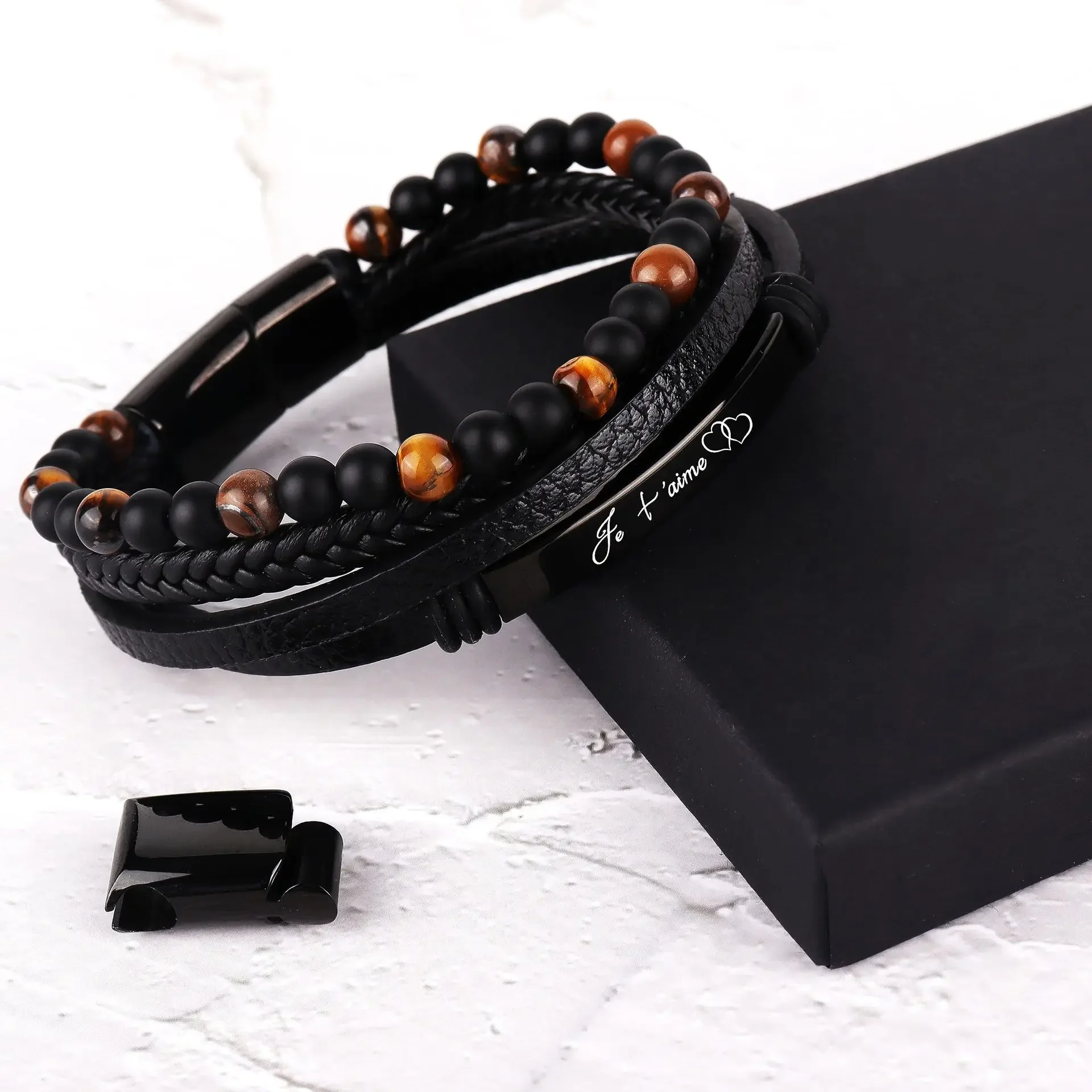 2024 DIY Engraved Beads Tiger's Eye Stone Bracelet for Men Four Layers Leather Bracelet with Stainless Magnet Male Jewelry Gift