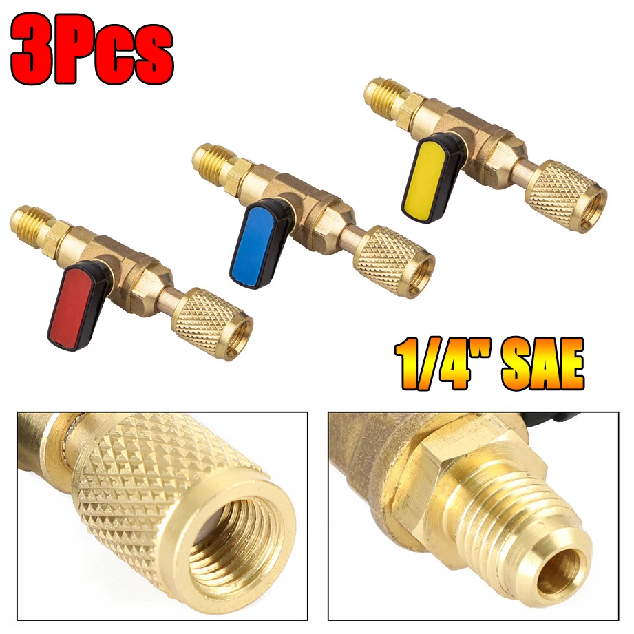 3pcs HVAC A/C Straight Shut-off Ball Valve Adapter Tool for R134a R22 R410a 1/4