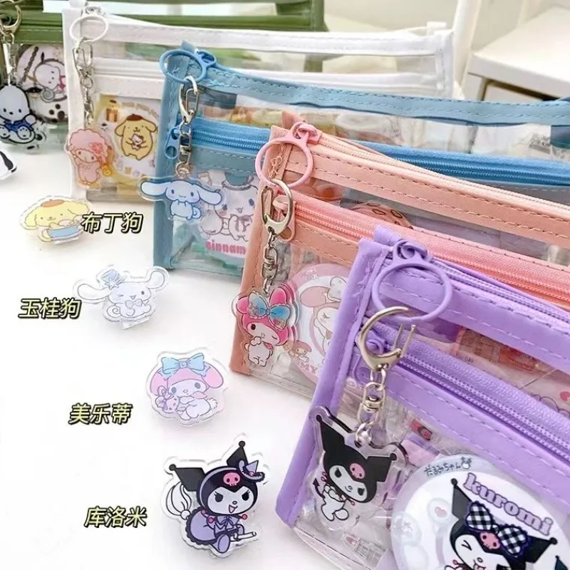 

New Sanrio Anime Cartoon Cute Kurumi My Melody Transparent Waterproof Large Capacity Double Layer Pen Bag School Stationery Gift