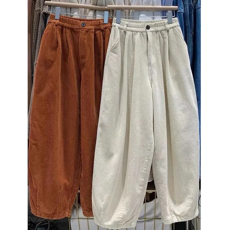 

2023 New Arrival Autumn Winter Women Arts Style Ankle-length Pants Casual Loose Cotton Corduroy Elastic Waist Harem Pants V849
