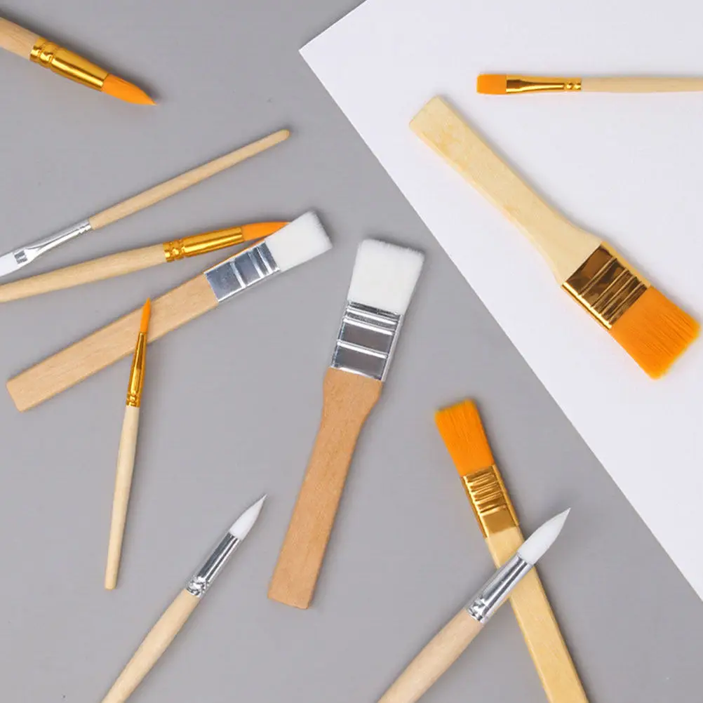 12Pcs Kids Painting Brush Set Nylon Bristle Wooden Handle Ergonomic Portable Multi-Function Drawing Supplies for Acrylic
