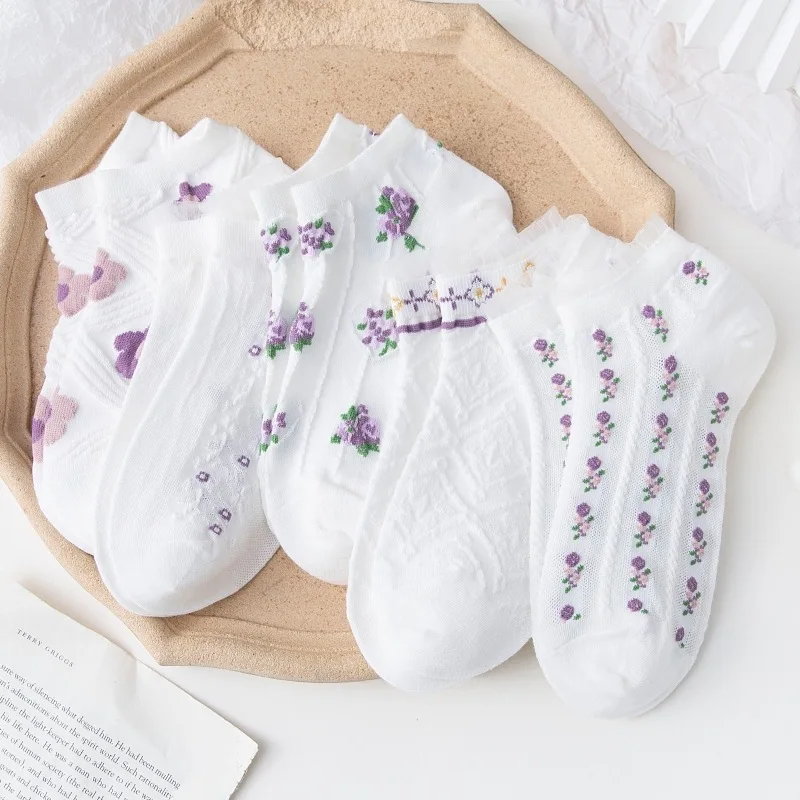 5 Pairs Lot New Women Cute Flower Ankle Socks Set Spring Summer Female Lady Boat Lace Low Cut Girl Happy Short Sock For Women