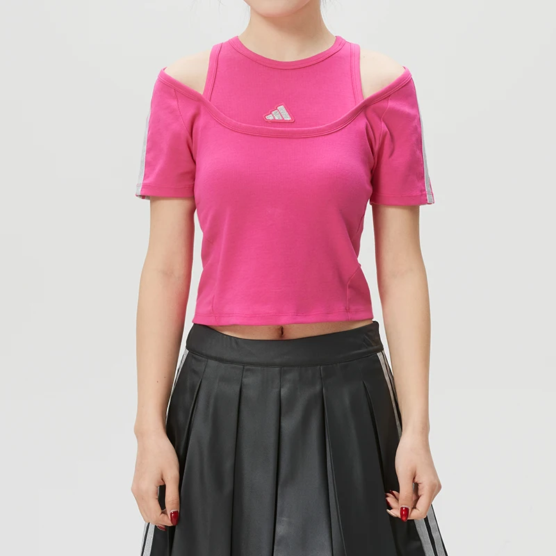 adidas-t-shirt-women's-sportswear-fashionable-off-the-shoulder-fake-two-piece-short-sleeved-slim-fit-training-wear-kr7607