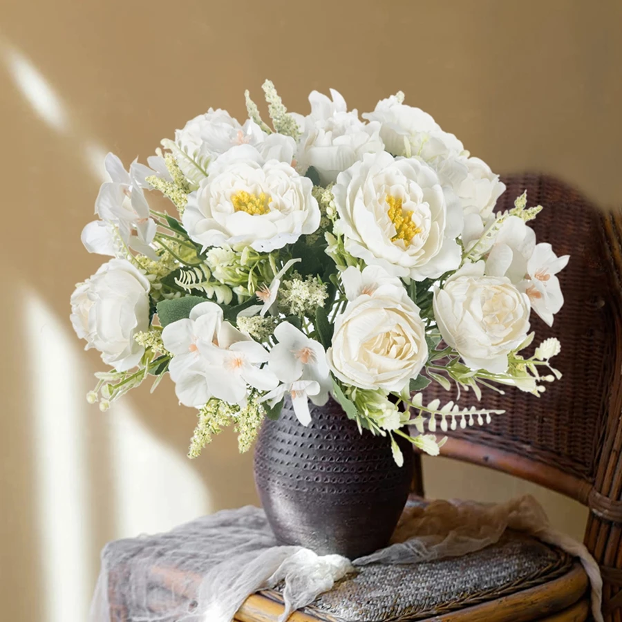 

Artificial Flowers White Silk Hydrangea Peony Wedding Party Bundle Festival Home Room TableVase Decoration Outdoor Yard Diy Gift