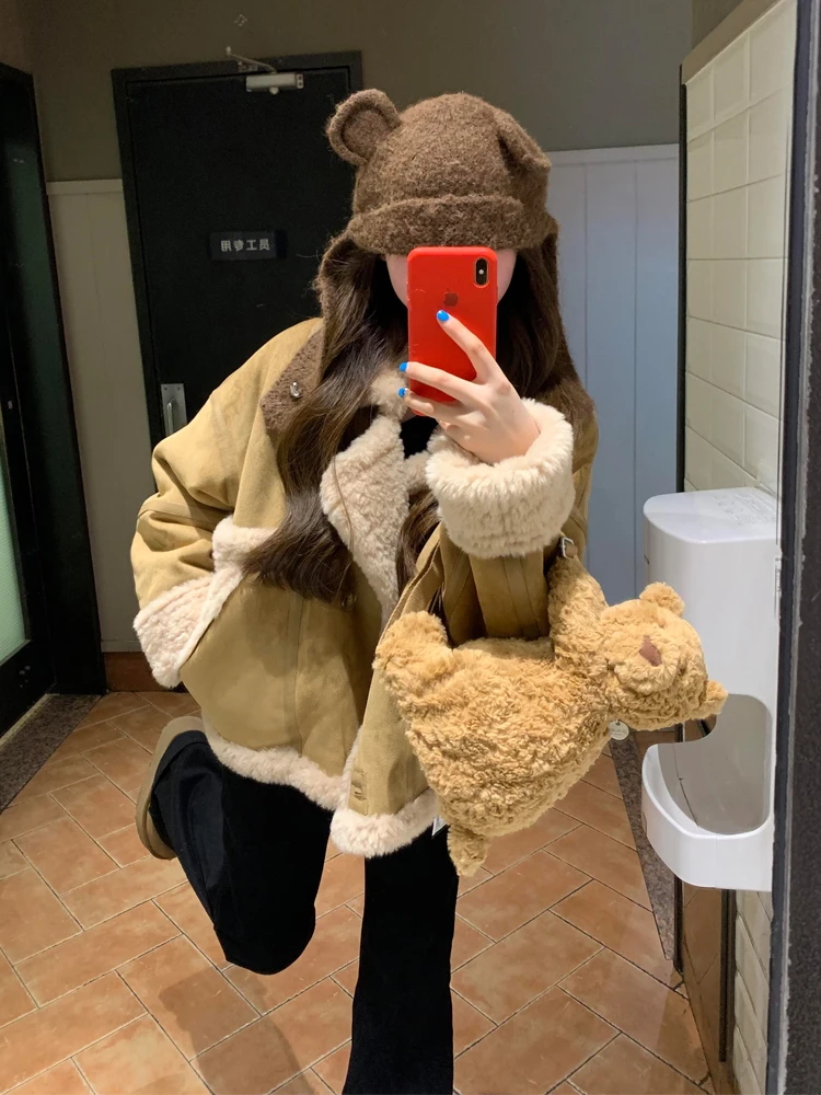 Novo avançado camurça pele de cordeiro jaet feminino ort casual elegância tamanho pequeno couro pele intercada casaco calor aleta design