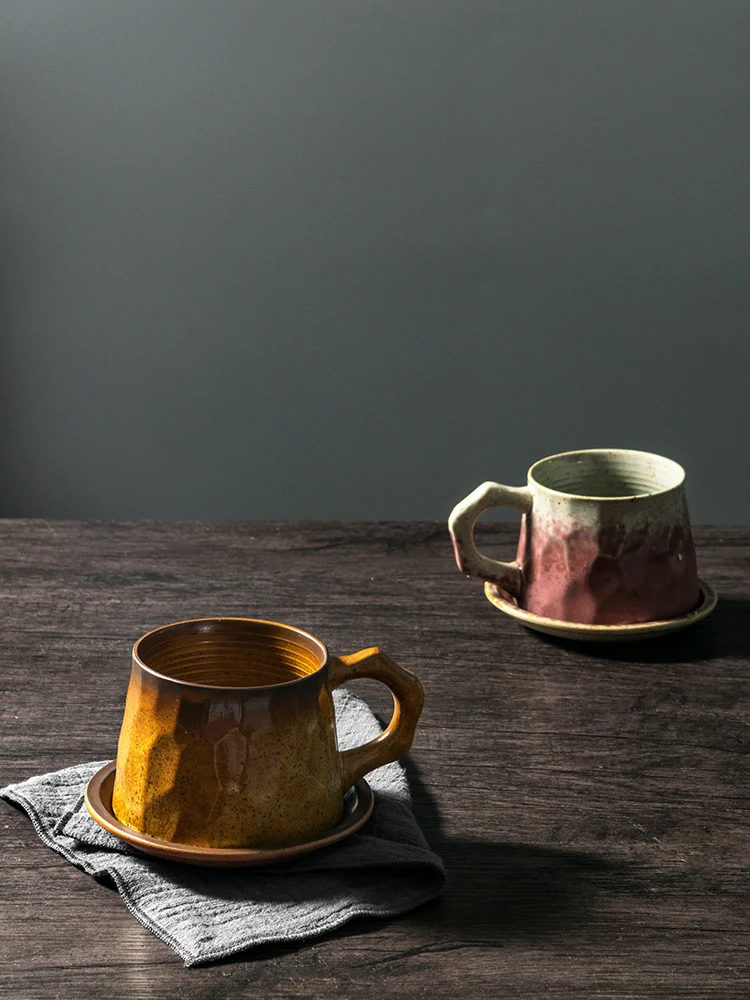 Handmade and Plate Vintage Rough Ceramic Set Ceramic Handmade Coffee Cup with Spoon