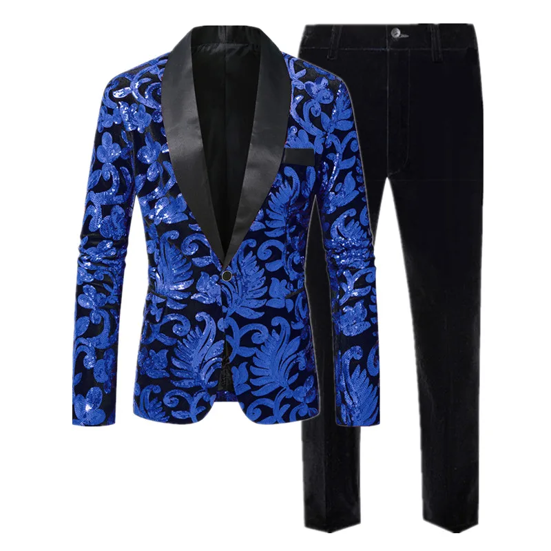High-end Velvet Sequin Men's Wedding Prom Party Suits Singer Host Stage Performance Luxury Blazer and Pants European Size,S-XXL