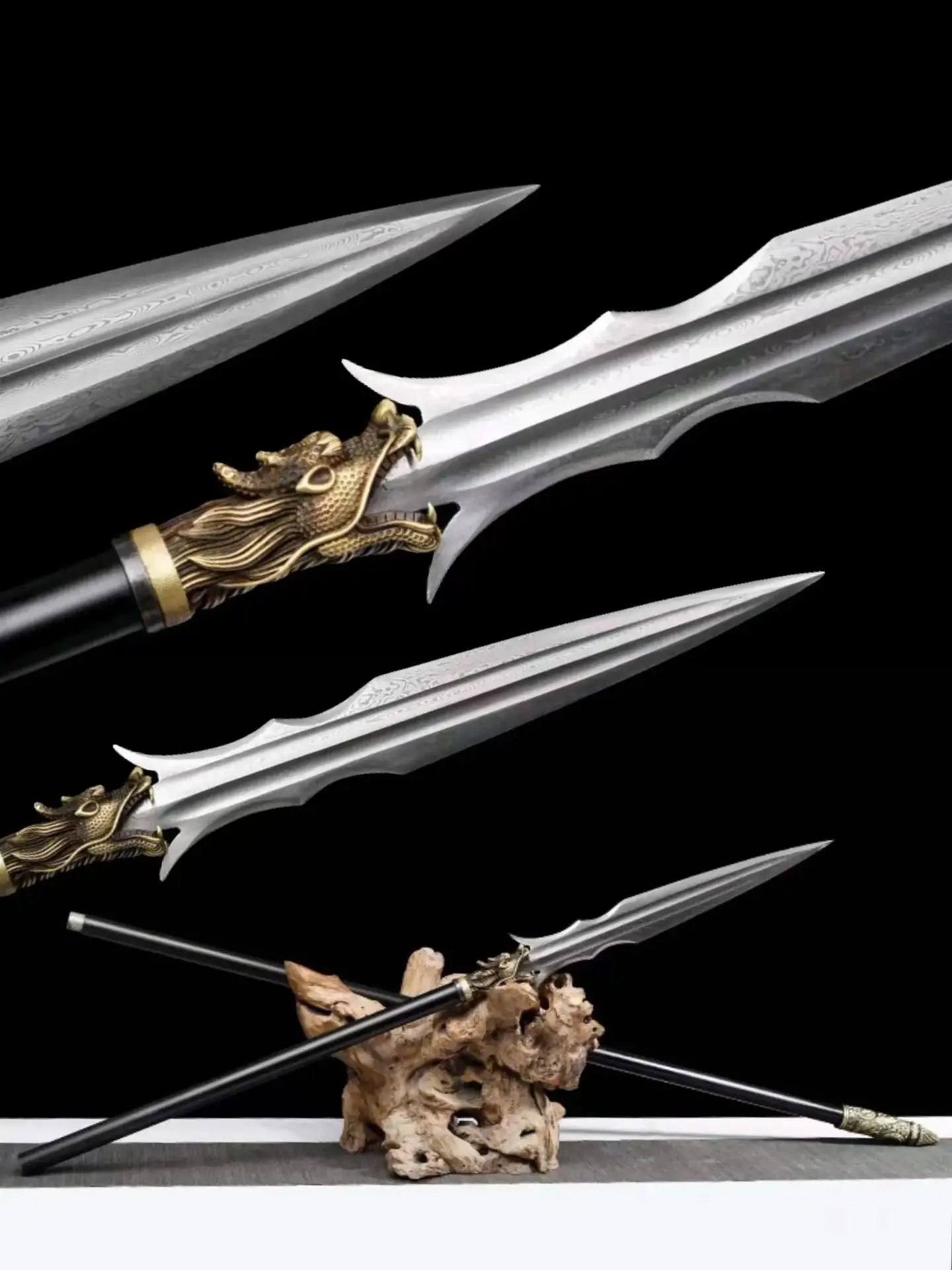 Unique Chinese Traditional Kungfu Battle Spear Sword,Real Multi Refined Folded Patterned Steel Blade,Extra Long Handle,Unharden