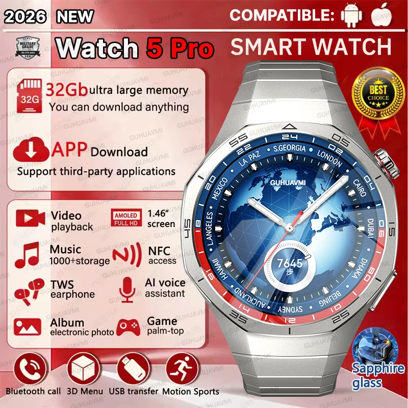 

Глобальная версия, модные часы 5 Pro SmartWatch, 32 ГБ памяти, GPS-навигация, NFC, музыкальные часы для воспроизведения видео, титановый сплав, HD-часы с вызовом