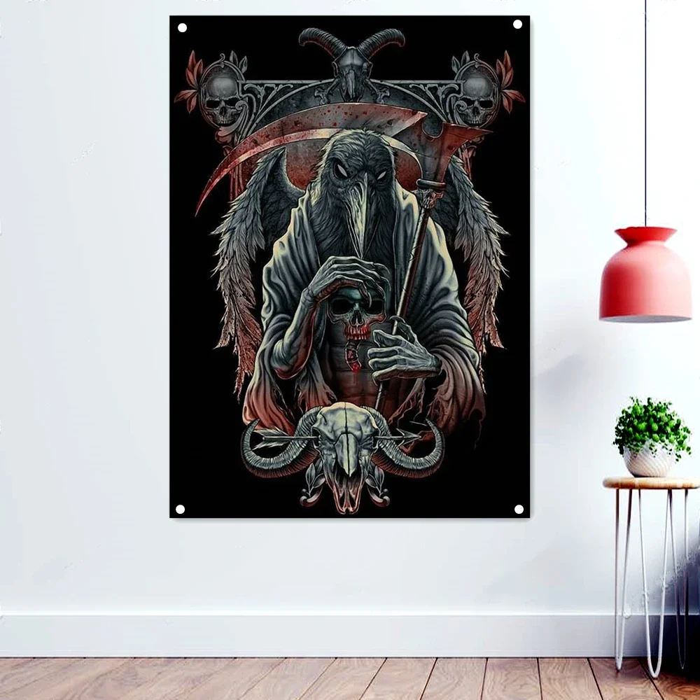 Crow Death Metal Artist Flags Decorative Banners Bloody Horror Art Skull Tapestry Rock Band Poster Wall Hanging Cloth Upholstery