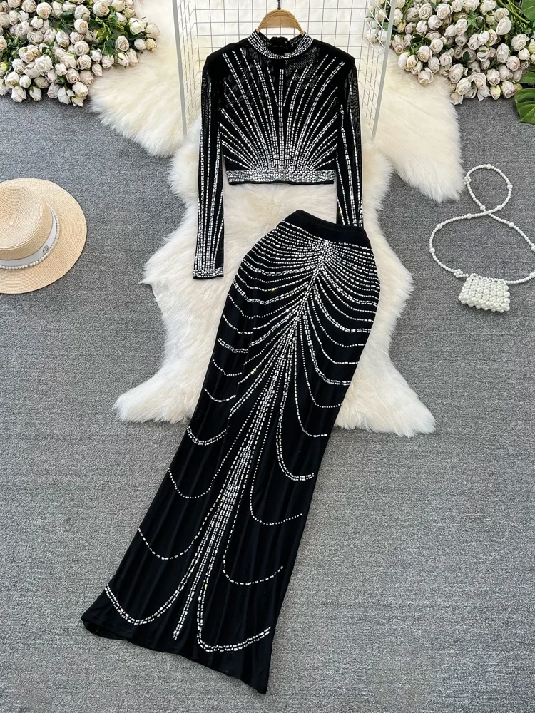 Fashionable Diamond Embedded Stand Collar Slim Fit Mesh Top High Waist Fish Tail Half Skirt Two Piece Set Elegant Lady Style
