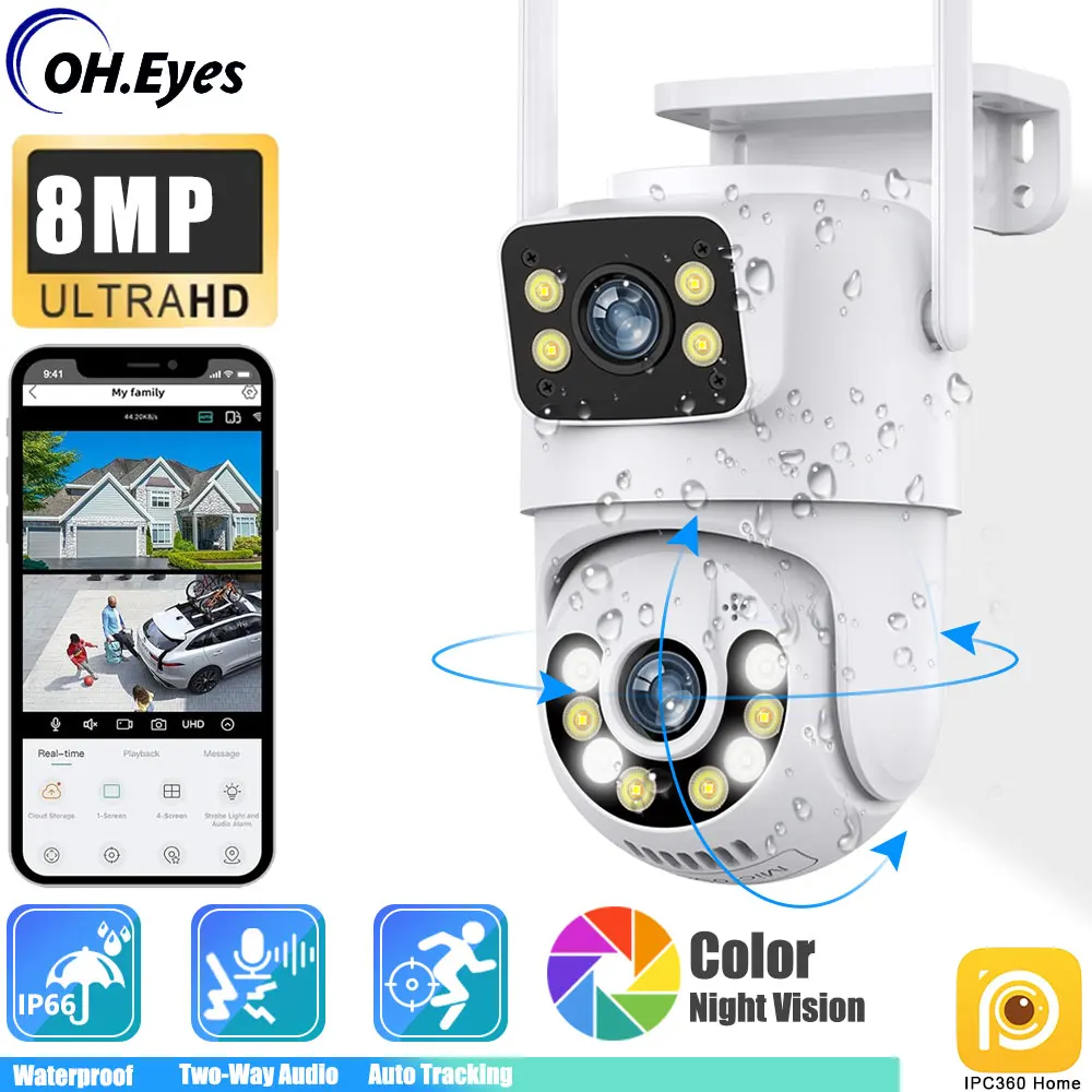 4K 8MP Wifi PTZ Camera Outdoor 4MP Dual Lens Dual Screen Auto Tracking IP Camera CCTV Audio Video Surveillance P2P IPC360 Home