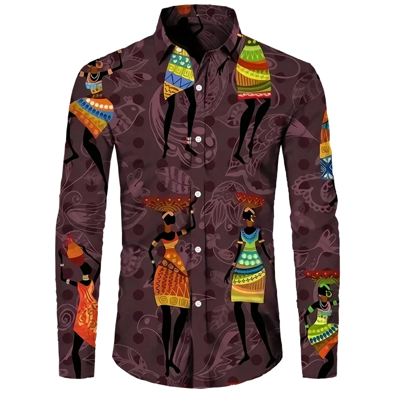 New Men\'s Lapel Buttons Shirt Fashion 3D Printed Pattern Long Sleeve Shirts African Traditional Casual Ethnic Style Blouse Tops
