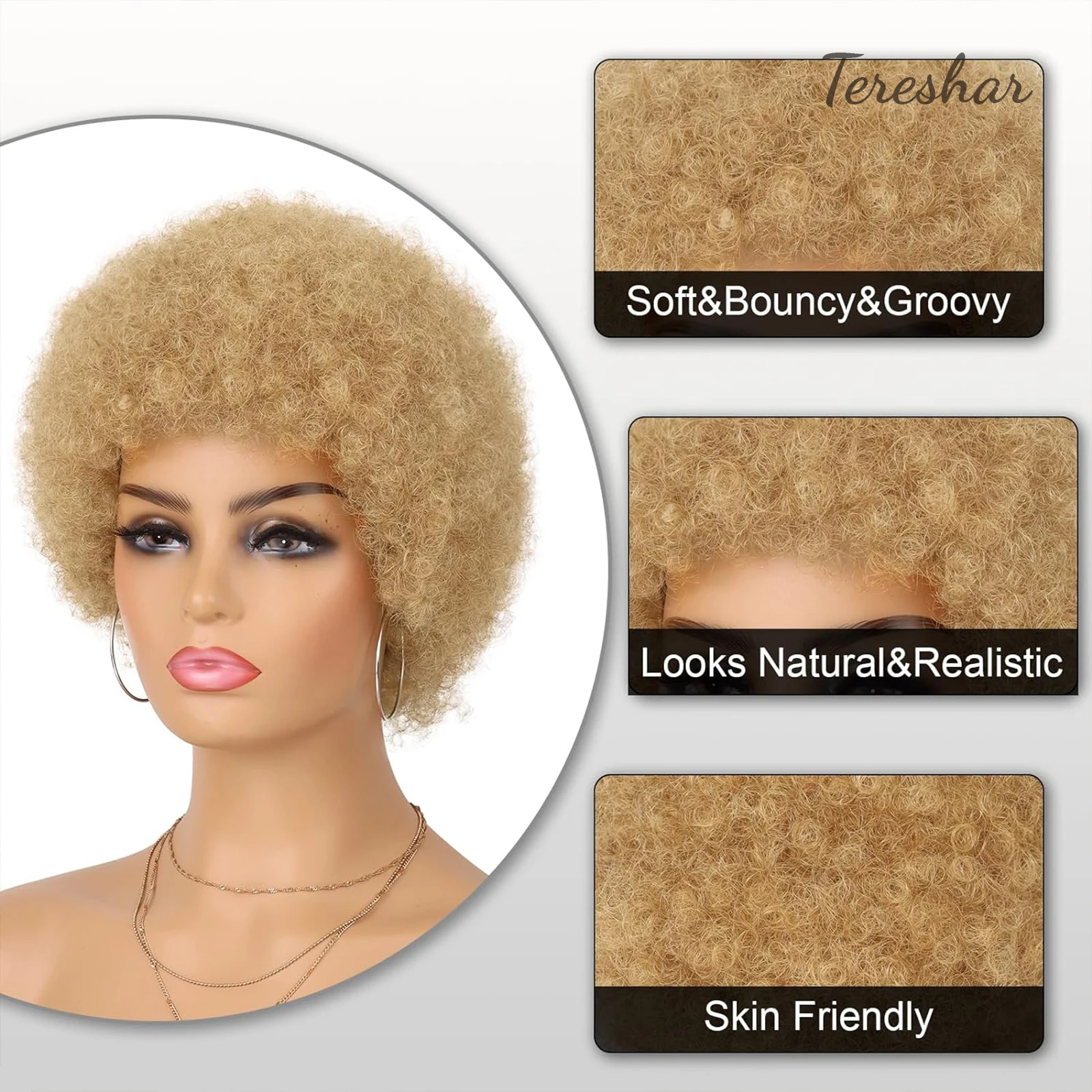 Tereshar شعر بشري قصير شعر مستعار أفريقي مجعد للنساء السود 70s شعر مستعار أفرو منتفخ مع الانفجارات للجنسين شعر مستعار أفريقي آلة صنع الباروكات