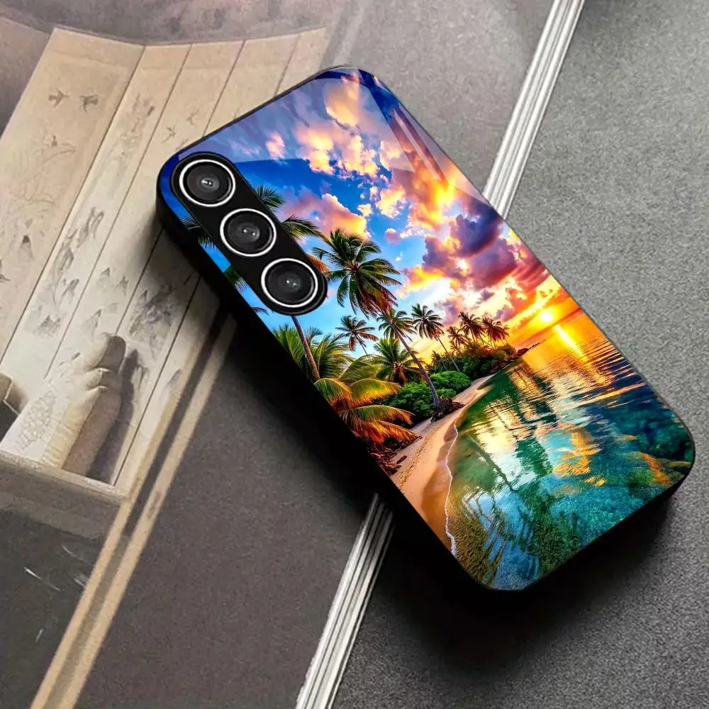 Sunset Scenery Tempered Glass Phone Case Suitable for Samsung Galaxy S26 S25 S24 S23 S22 S20 FE/Ultra/Plus Anti Drop Rear Cover