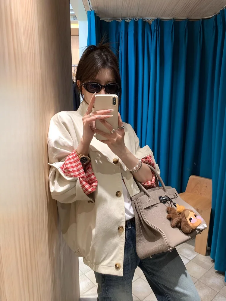 

EKOOL женская свободная рабочая одежда Jaet, осенний ранний сезон, клетчатый воротник-стойка, длинный свек, повседневный универсальный топ Sli