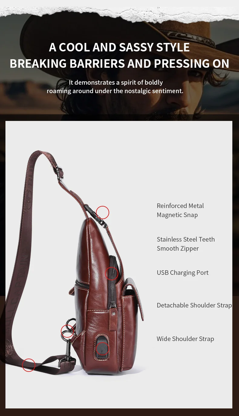 BULLCAPTAIN Echtleder Sling-Rucksack für Herren USB-Ladeanschluss Brusttasche Crossbody Schultertasche Lässiger Tagesrucksack für Arbeit und Reisen – Detail 10