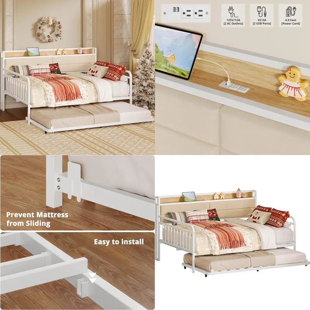 튼튼한 금속 패브릭 헤드보드 침대 프레임 이미지