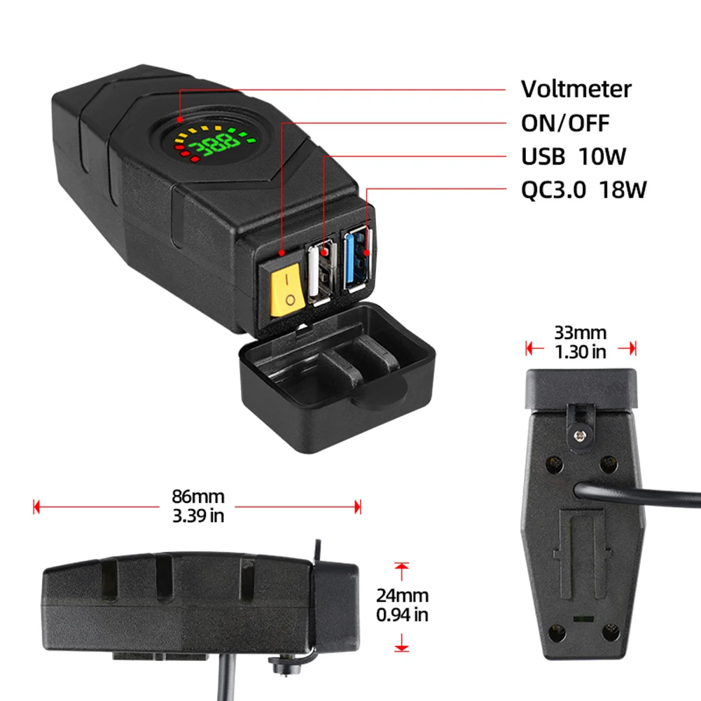 전기 자전거 오토바이 방수 빠른 USB 충전기, 보호 커버 포함, 전압계 스위치, 28W, QC3.0, 20V-90V, 36V, 48V, 72V