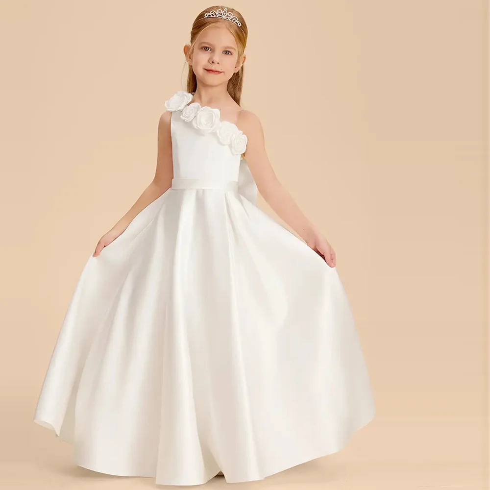 Customized White Satin Girls First Communion Dresses with Bow 3D Flowers One Shoulder A-Line Flower Girl Dress for Wedding