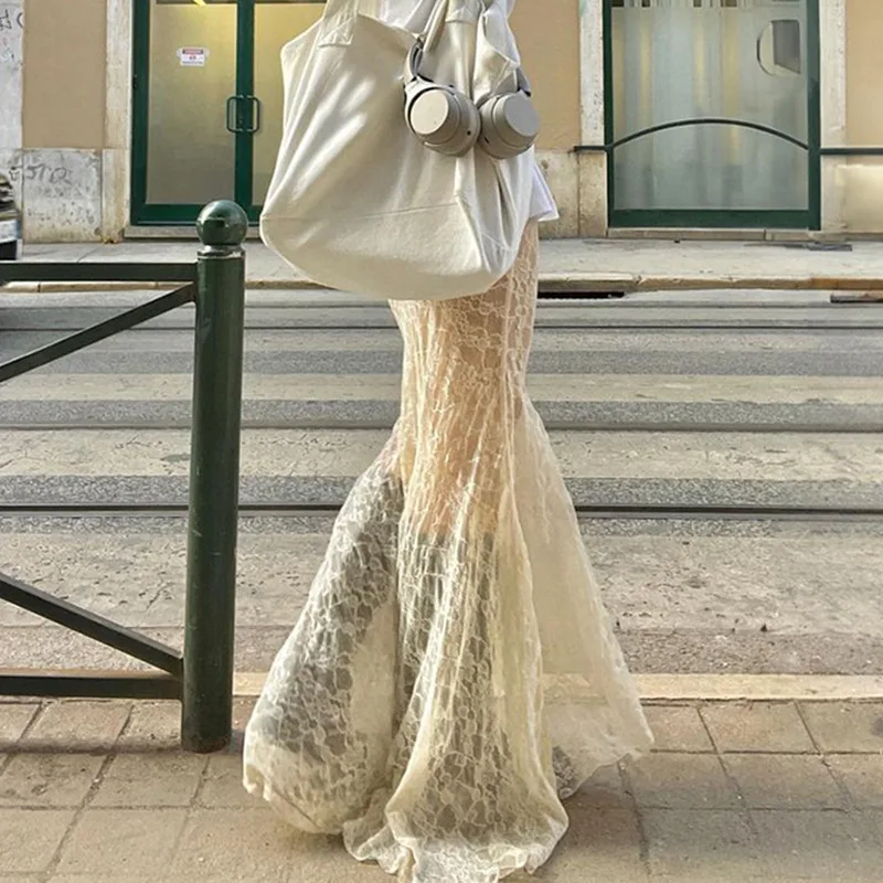 Women Lace Fishtail Skirts High Waist Bodycon Long Skirt Summer Fall Sexy Vintage Streetwear Y2K Aesthetic Clothes