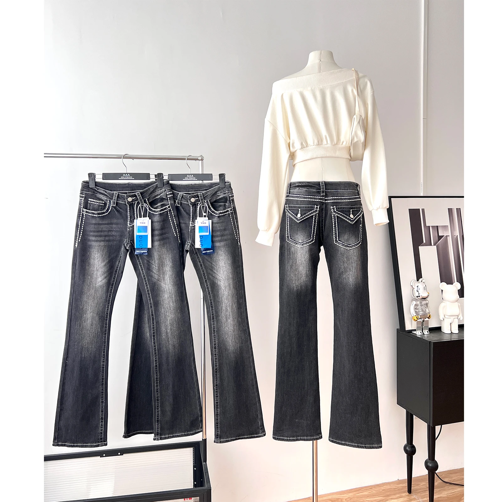 جينز نسائي منخفض الخصر قابل للتمدد نحيف متوهج للسيدات لربيع وخريف ملابس الشارع ضيقة بطول كامل جينز مقطوع #3