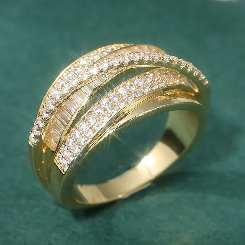 Elegant Multi Layered Interleave Ring For Women Inlay Sparkling Synthetic Zircon Golden Plated Ring Banquet Dinner Jewelry