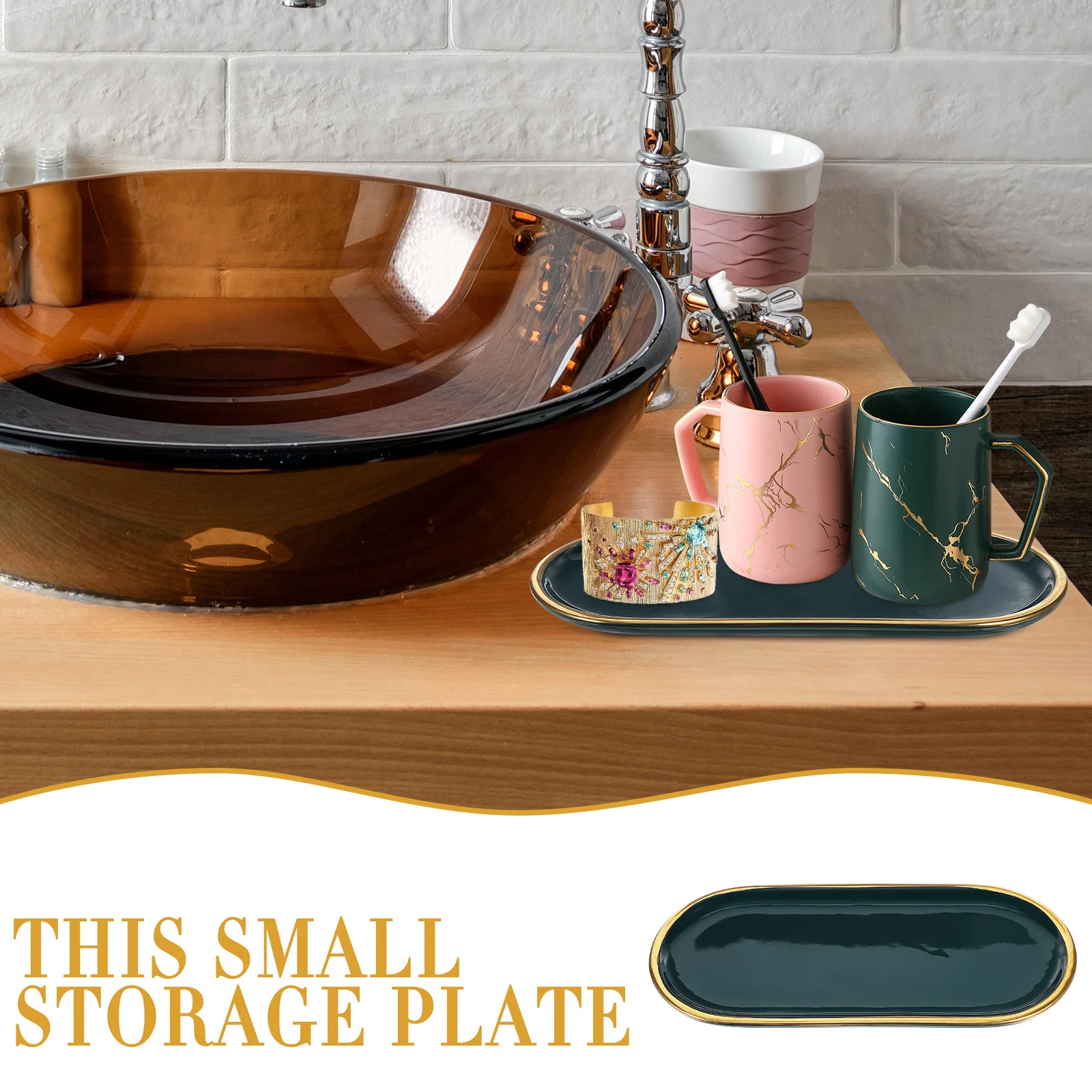 

1Pcs Golden Edge Ceramic Bathroom Storage Plate Decorative Jewelry Tray Multipurpose Holder for Kitchen Wedding Party