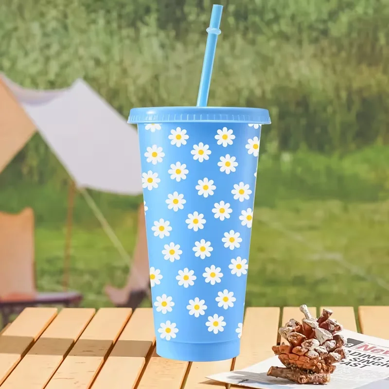 10 Pcs Daisy Pattern Cups, 26Oz Each with Lid and Straw, Perfect for Birthday and Wedding Celebrations