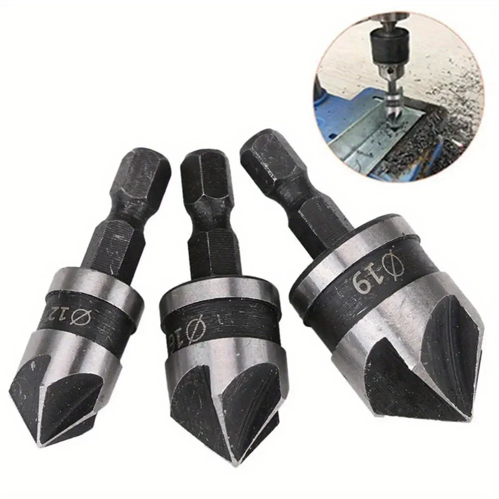 3PCs Hexagonal Shank 90 Degree Black Five Blade Chamferer 12/16/19mm Countersink Drill Woodworking Hole Opener Tool Set