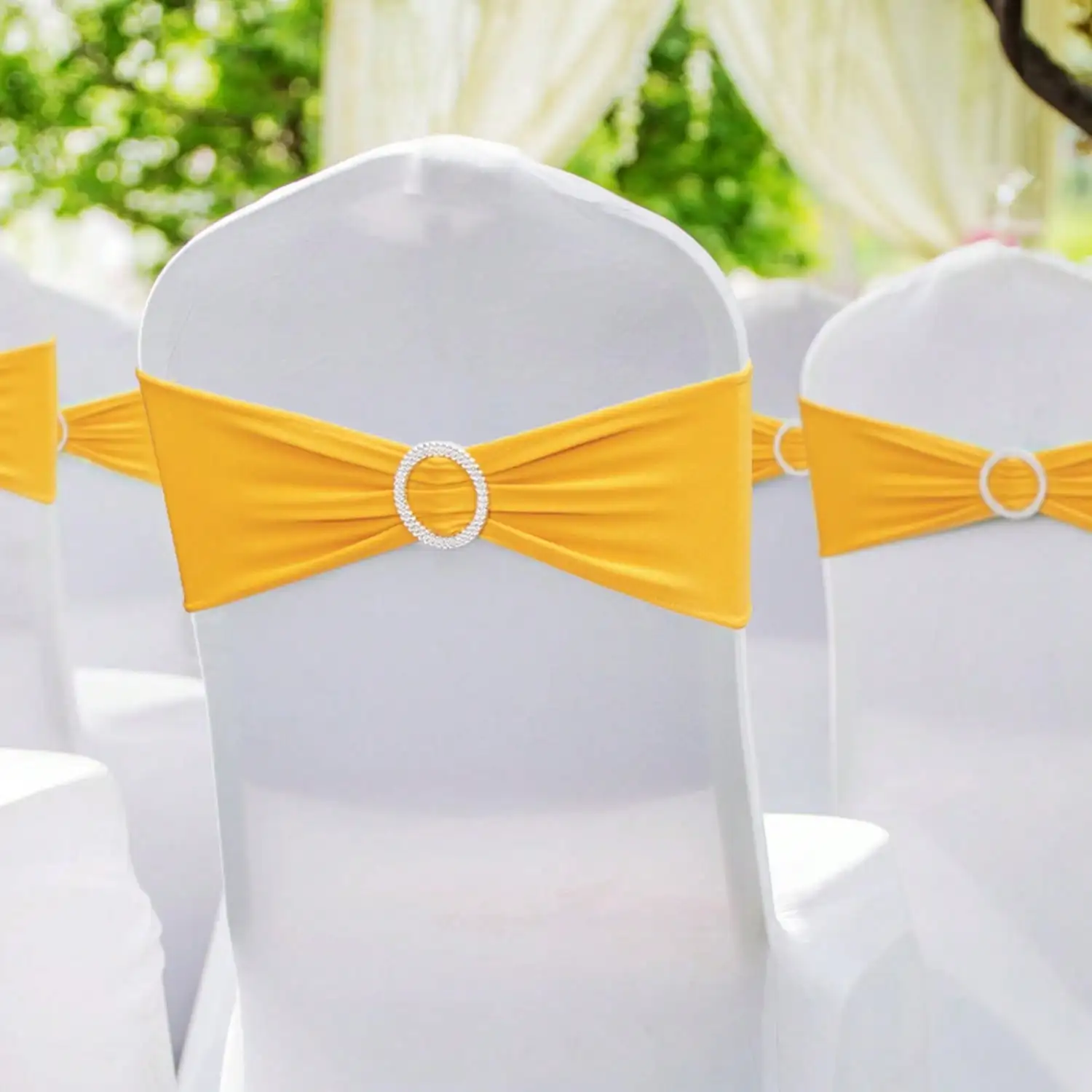 Stretch Spandex Chair Sashes, Elastic Chair Slipcovers with Round Buckle, 50 PCS Golden Yellow Chair Bands for Wedding